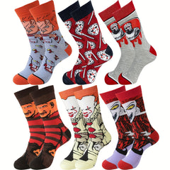 6 Pairs Boys Horror Cartoon Anime Crew Socks Cotton Blend Breathable Mid Tube