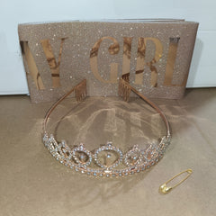 Bling Rhinestone Crystal Crown Tiara Happy Birthday Satin Sash Party Supplies