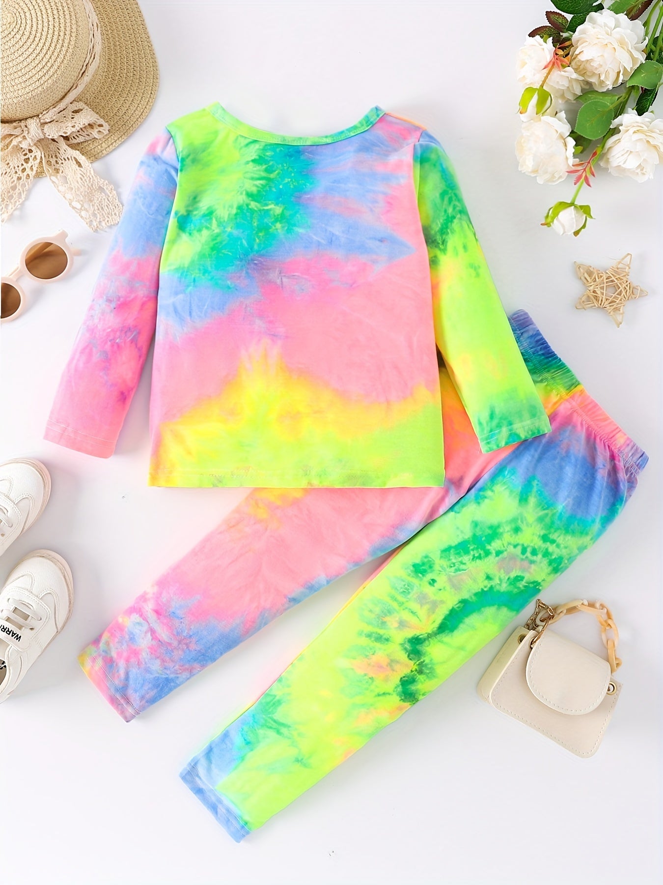 Girl's Rainbow Tie Dye 2pcs Sweatshirt & Pants Set for Spring Fall