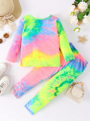 Girl's Rainbow Tie Dye 2pcs Sweatshirt & Pants Set for Spring Fall