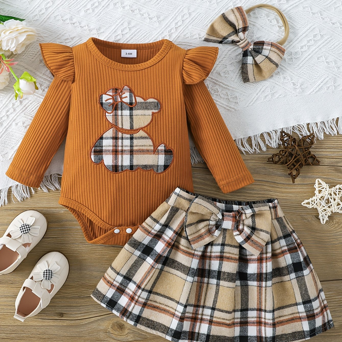Toddler Bear Embroidered Romper Plaid Skirt Headwear Outfit