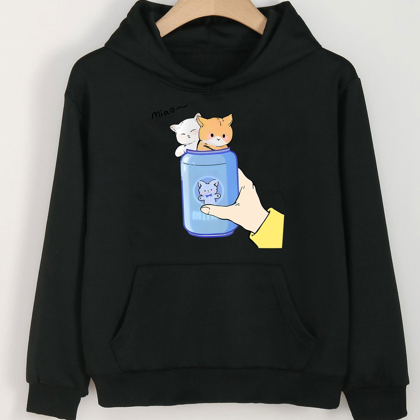 Girls Cartoon Cats In Bottle Pattern Long Sleeve Hooded Sweatshirt