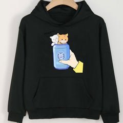Girls Cartoon Cats In Bottle Pattern Long Sleeve Hooded Sweatshirt