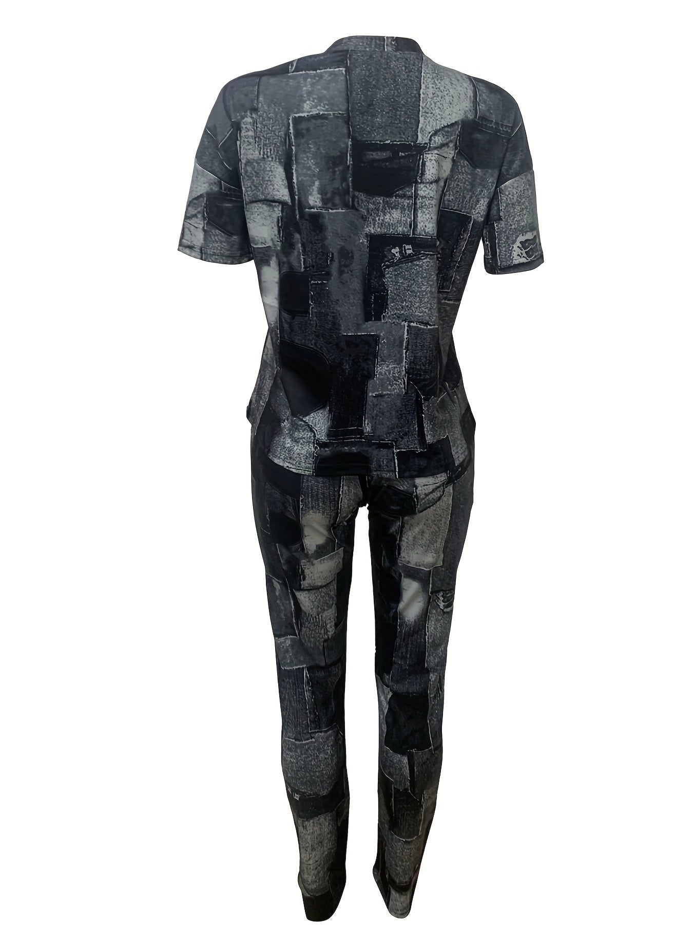 Denim Print Two Piece Set Short Sleeve T shirt & High Waist Pants Outfits