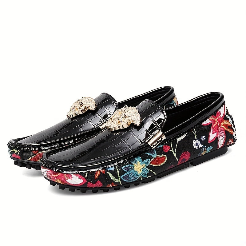 Floral Print Loafers Metal Decor Slip On Shoes Low Top Flat Shoes