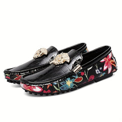 Floral Print Loafers Metal Decor Slip On Shoes Low Top Flat Shoes