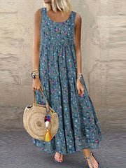 Floral Print Tank Dress Vintage Sleeveless Ruched Dress