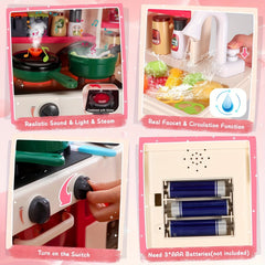 Kids Play Kitchen Set with Realistic Sound & Light Cooking Stove Sink Play Food