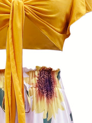 Spring/Summer 2pc Set Cropped Ruffle Trim Tops & Sunflower Wide Leg Pants