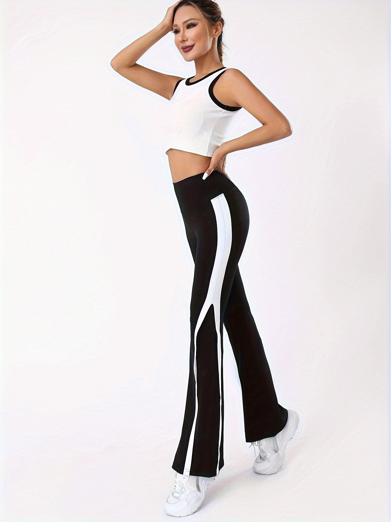 High Waist Flared Yoga Pants Contrast Bell Bottom Pants Women's Activewear