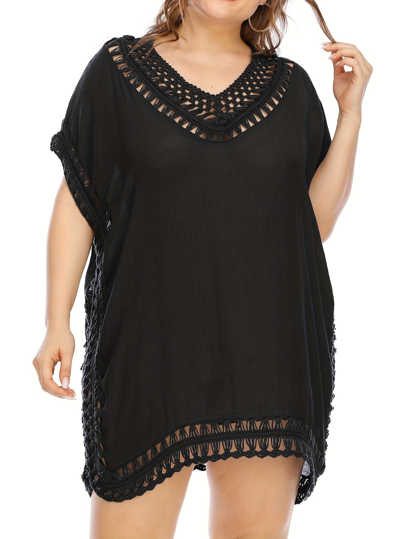 Solid Hollow Out Cover Ups Women's Plus Sexy Round Neck