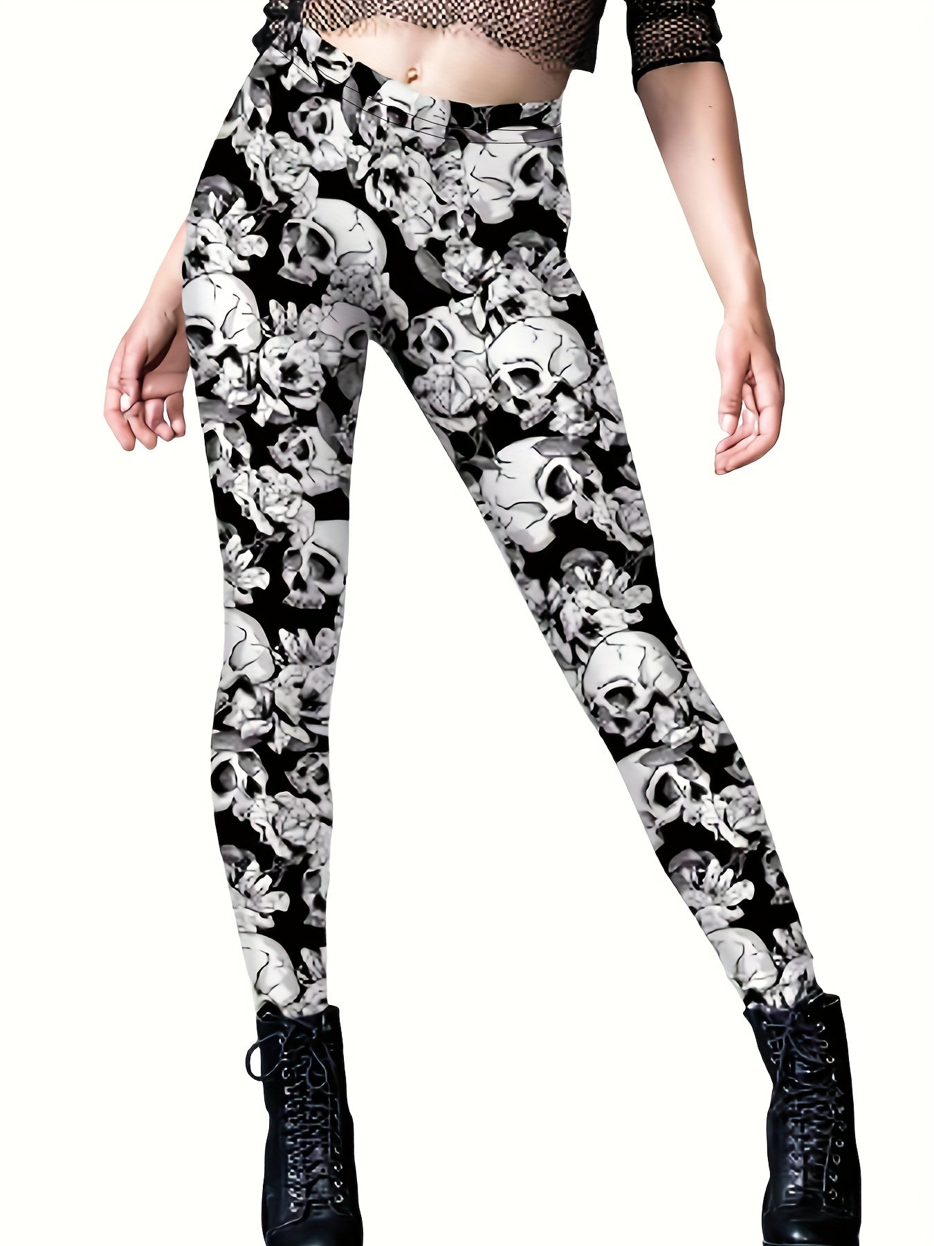 Skull Print Skinny Leggings Elastic Waist Stretchy Leggings
