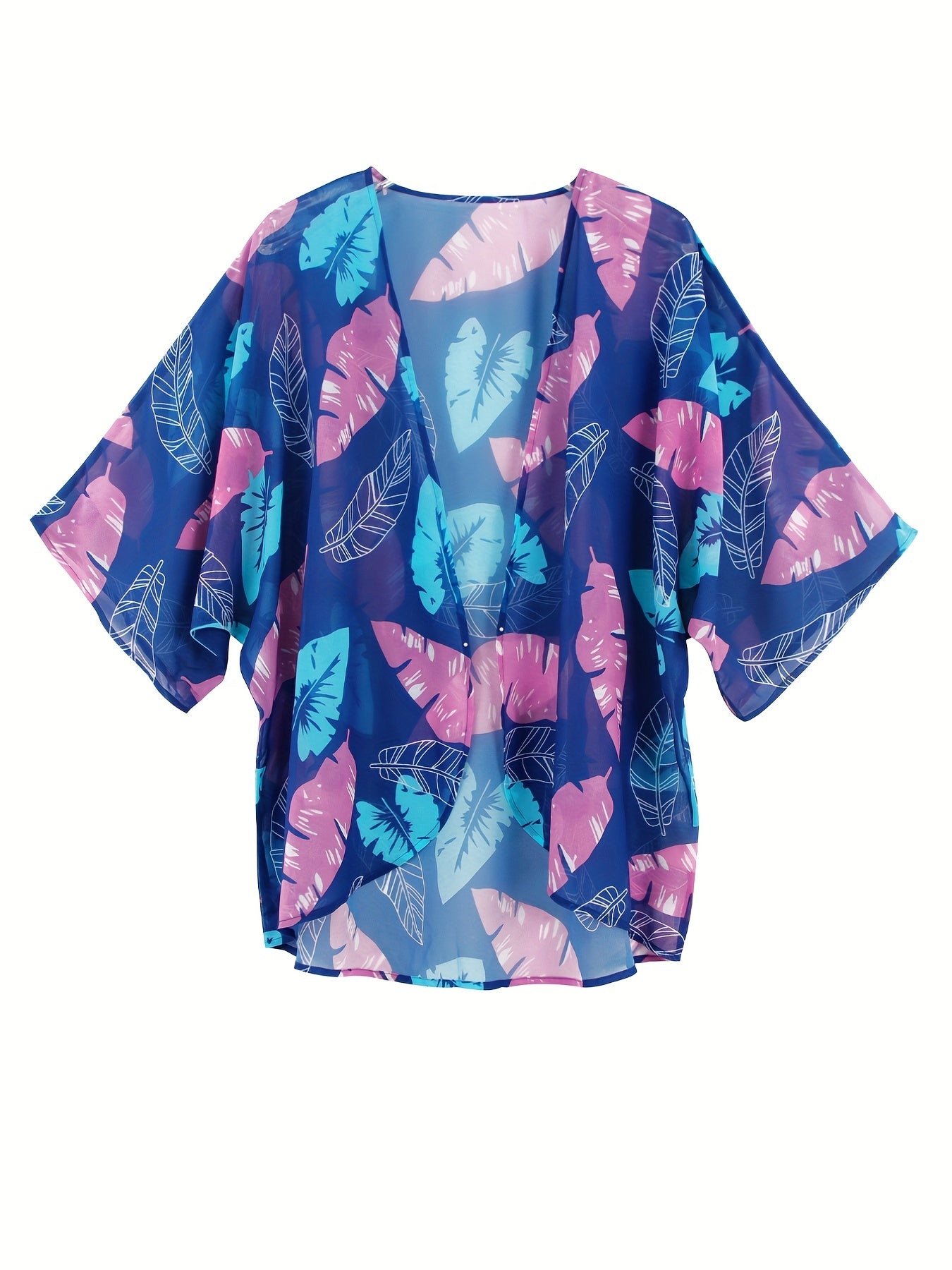 Print Half Sleeve Cover Up Comfy Chiffon V Neck Loose Kimono Cover Up
