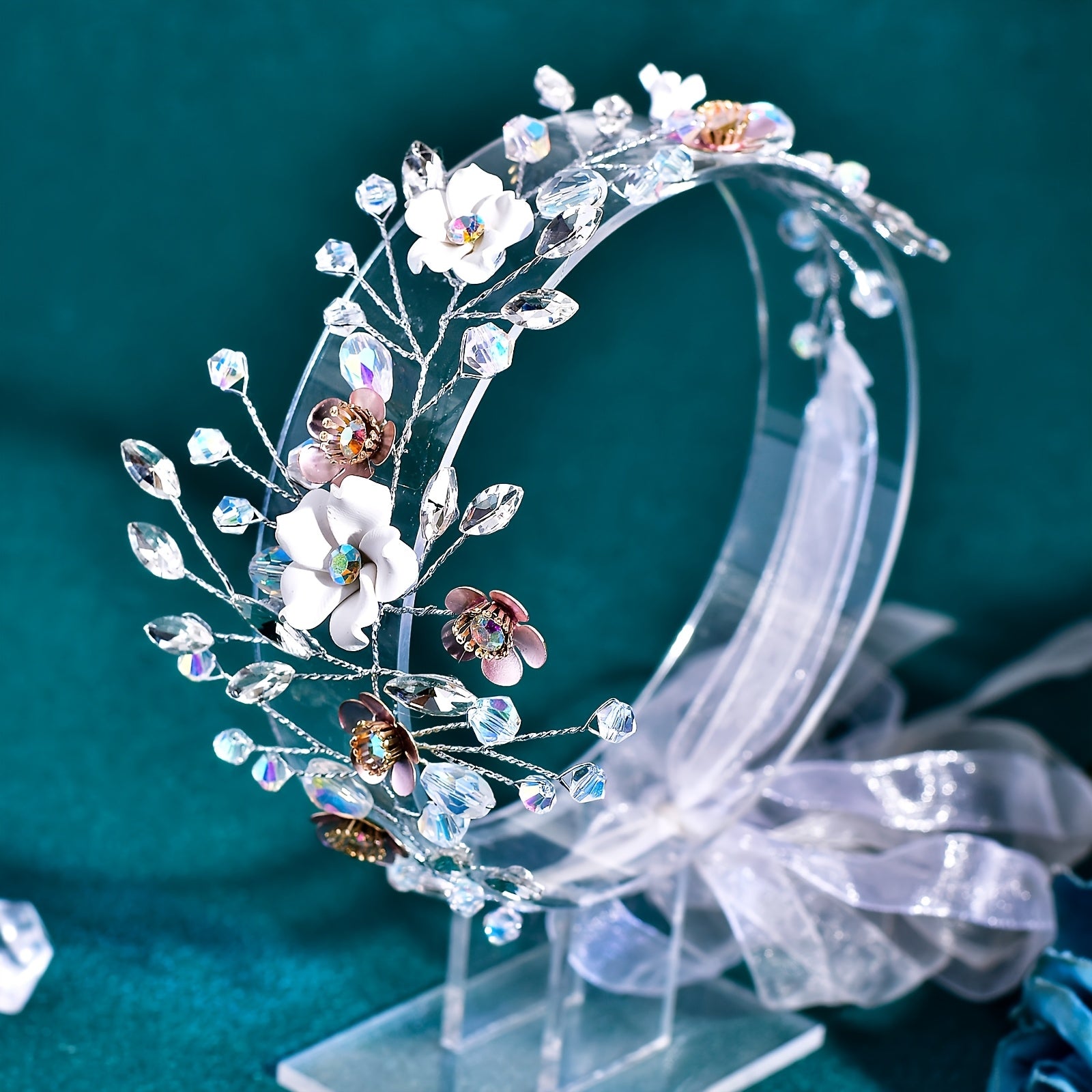 Whimsical Floral Bridal Headband with Sparkling Accents