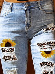 Sunflower & Leopard Print Denim Shorts