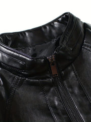 Men's PU Leather Motorcycle Jacket Stand Collar Zipper Closure
