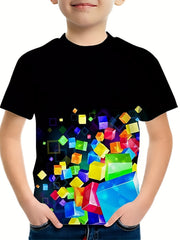 Breathable 3D Cube Graphic Tee for Boys - Ideal for Summer