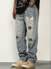 Men's Paisley Patchwork Jeans Loose Fit Casual Street Style