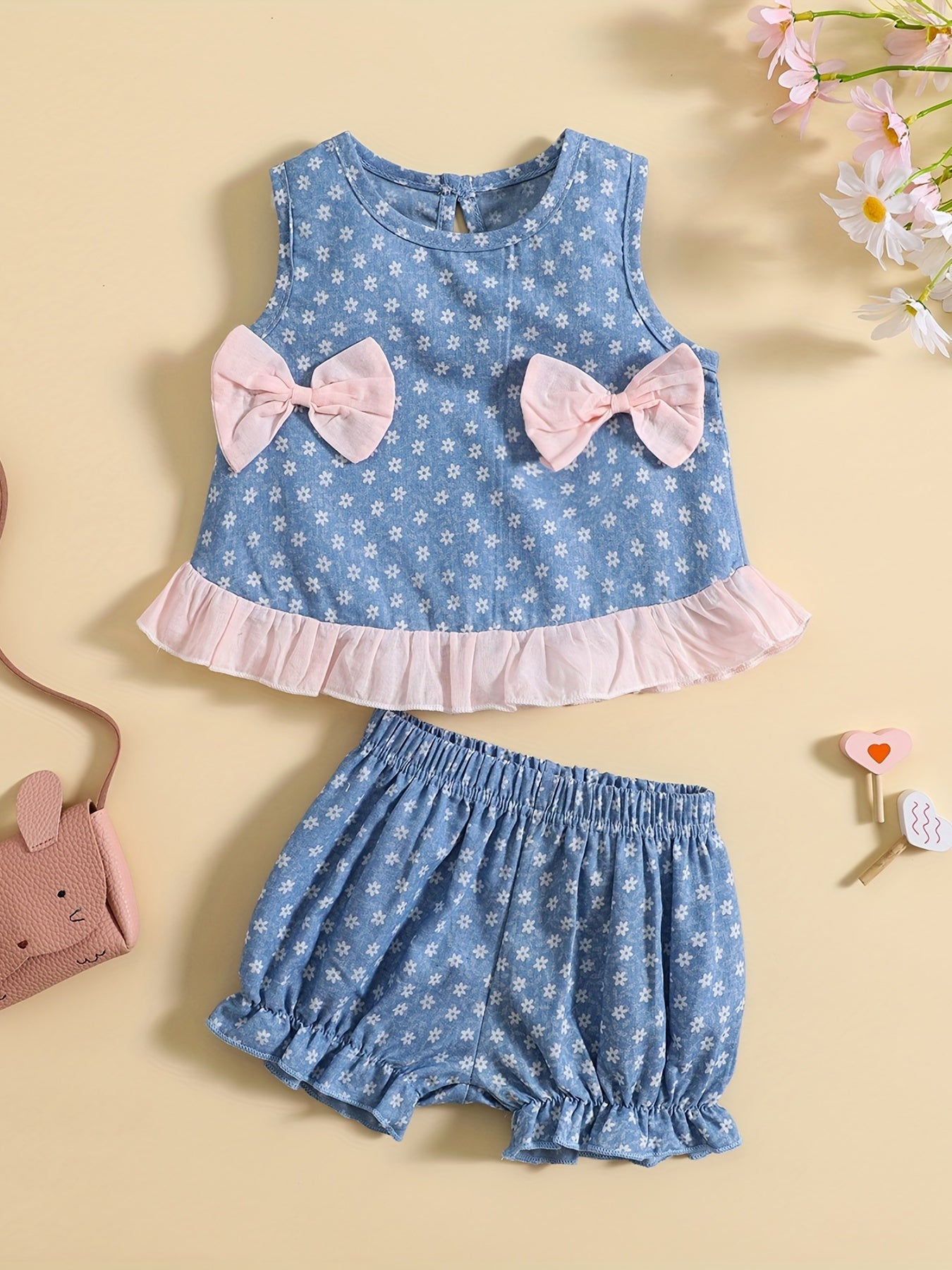 Baby Girls Crop Top and Shorts Set with Bows