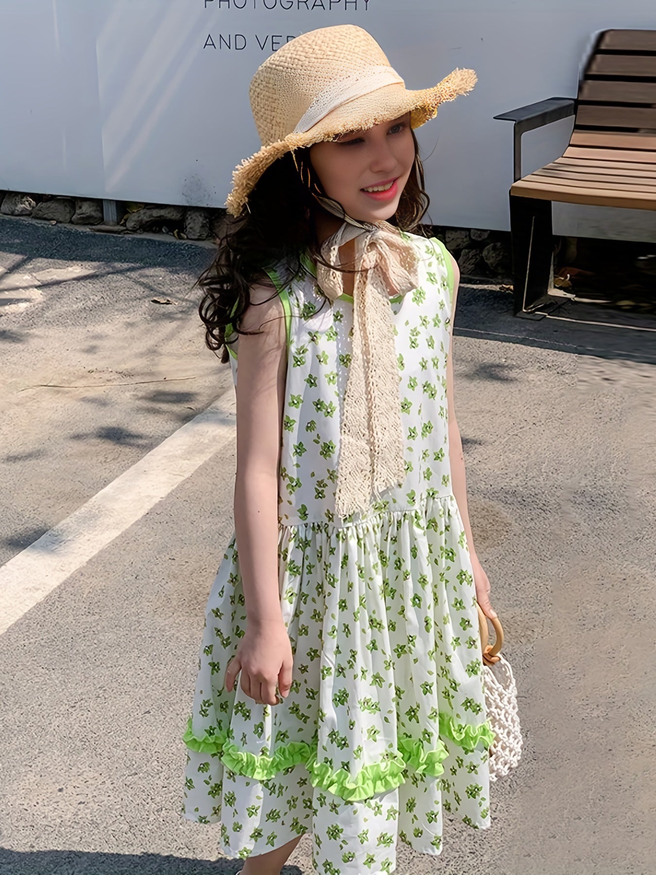Girls Floral One piece Dress Sleeveless Crew Neck Princess Dress