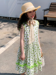 Girls Floral One piece Dress Sleeveless Crew Neck Princess Dress