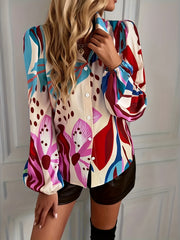 Blouse Women's Plus Random Print Button Up Lantern Sleeve Top