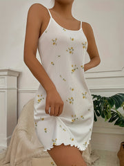 Flower Print Pajama Dress with Fungus Trim Mini Nightdress