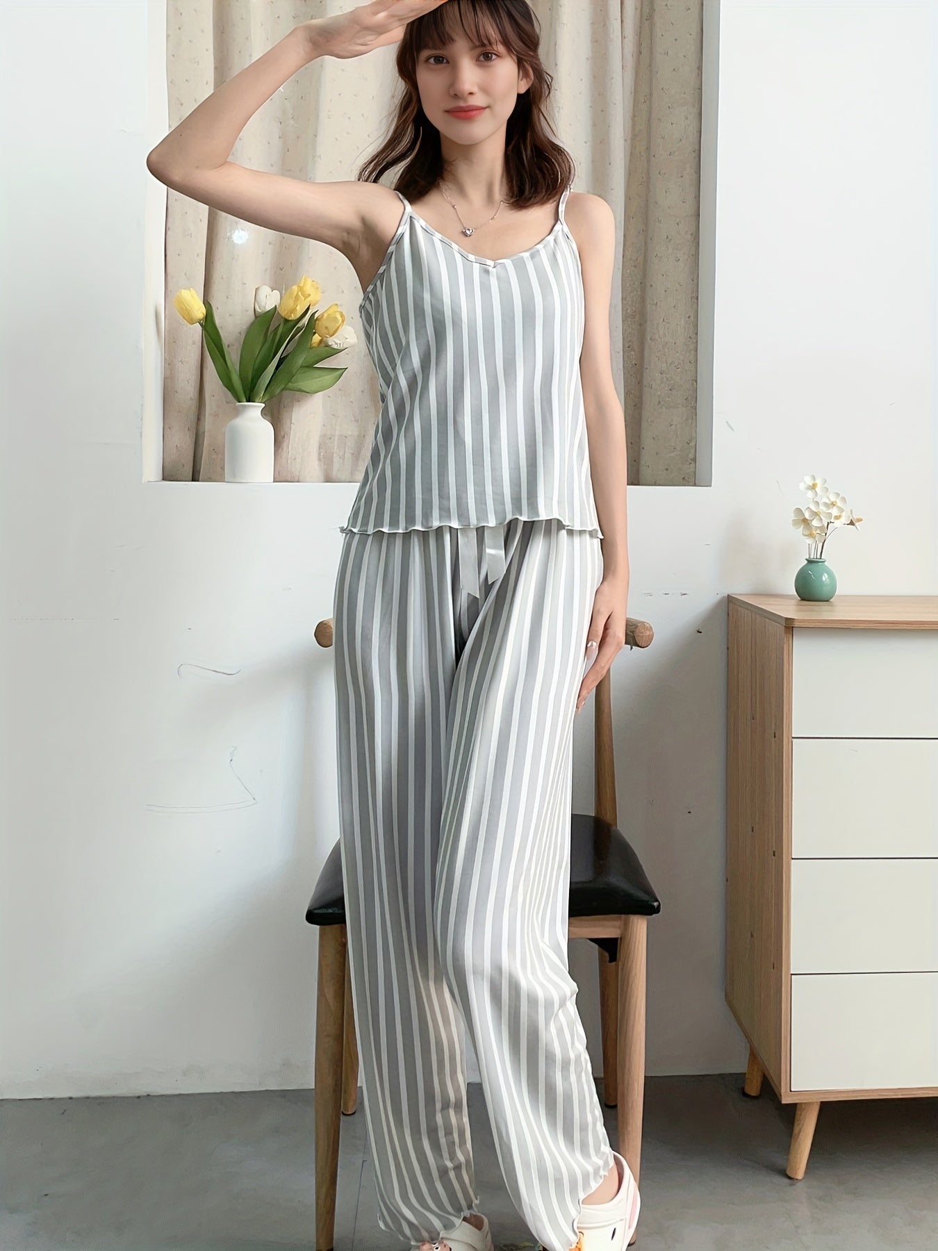 Striped Print Pajama Set V Neck Cami Top & Elastic Waistband Pants