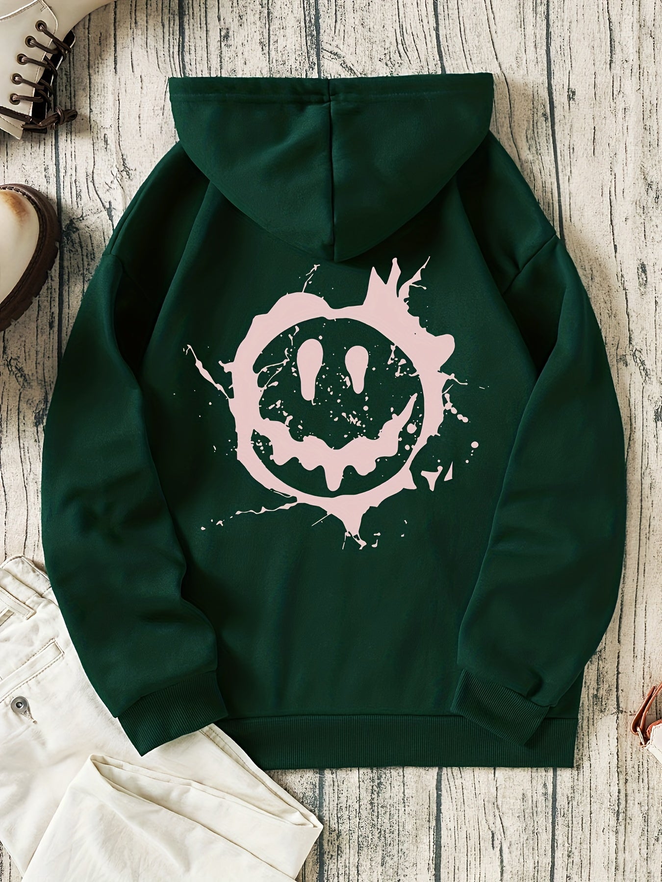 Smiling Face Print Hooded Sweater Loose Casual Pullover Top