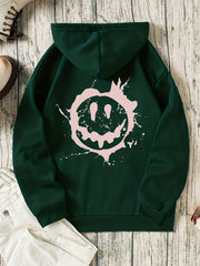 Smiling Face Print Hooded Sweater Loose Casual Pullover Top