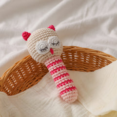 Crochet Owl Bell Toy Soft Nylon Sensory Stimulation Bead Eyes Pink Teething Toy
