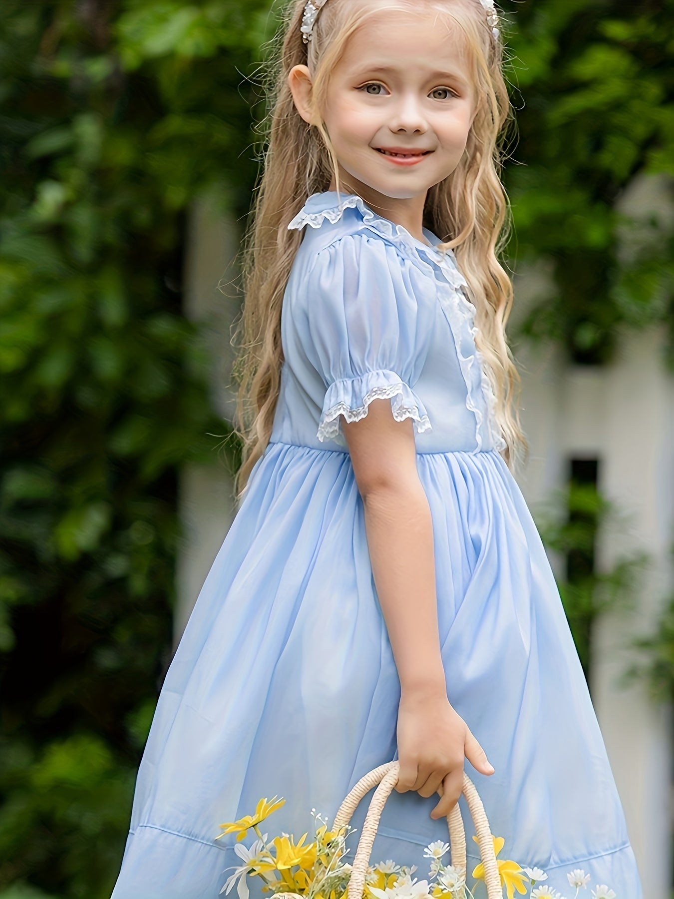 Girls' Lace Trims Collared Short Sleeve Princess Dress