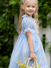 Girls' Lace Trims Collared Short Sleeve Princess Dress