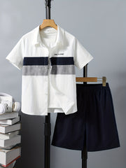 Boys DARE TO START Graphic Print Short Sleeve Lapel Shirt&Shorts Set