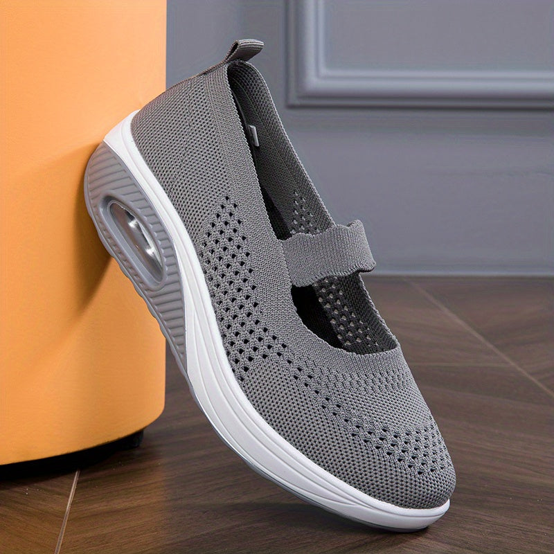 Solid Knit Walking Shoes Ankle Strap Slip On Air Cushion Casual Sneakers