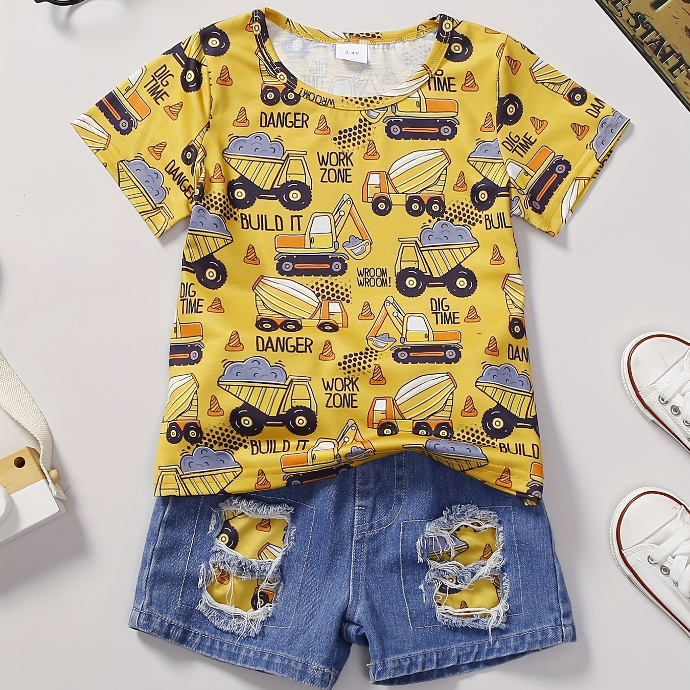 Excavator Pattern T shirt & Denim Shorts Set for Boys