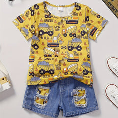 Excavator Pattern T shirt & Denim Shorts Set for Boys