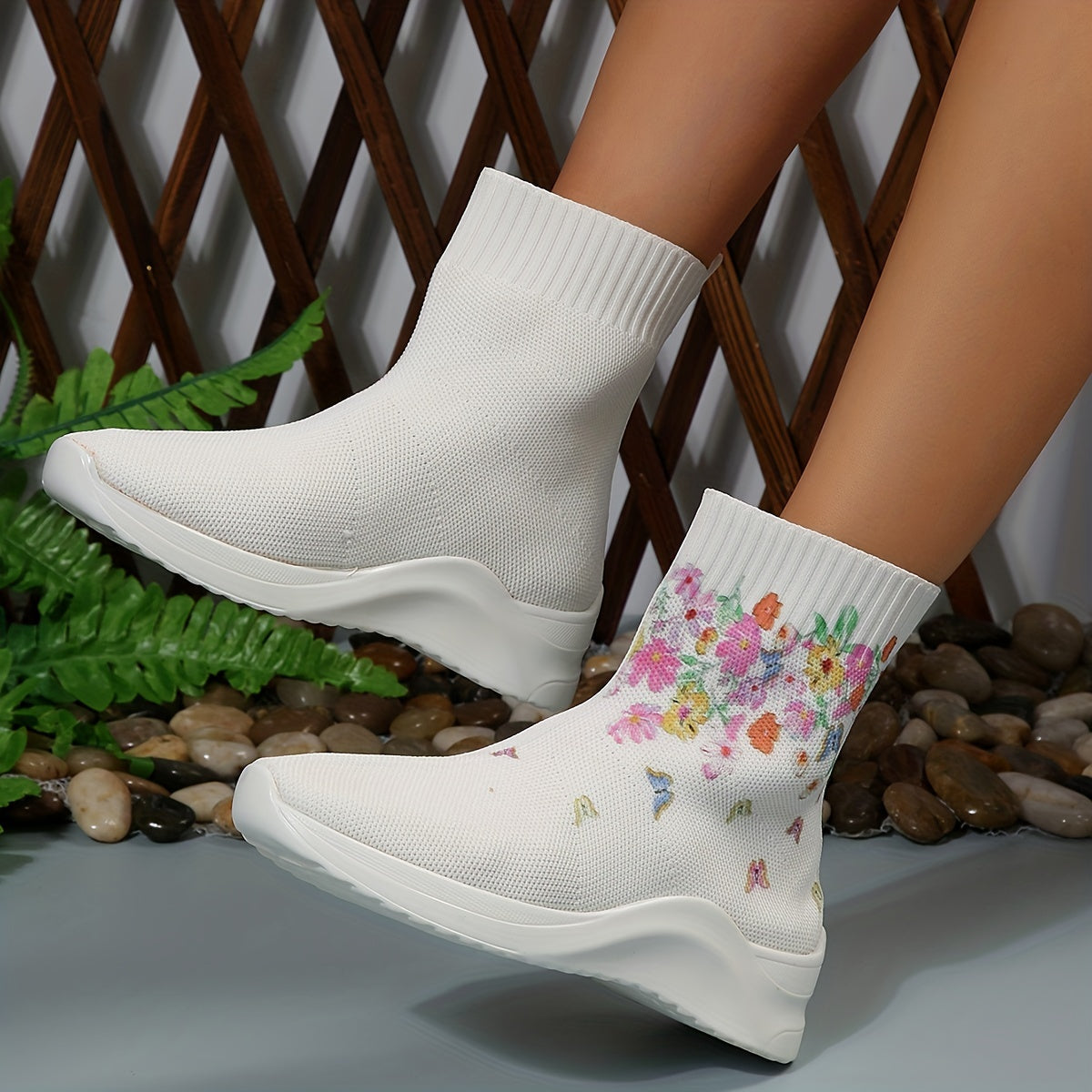 Women's Butterfly Floral Knit Ankle Boots Stretch Sock Shoes