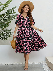 Floral Print Wrap V Neck Summer Dress