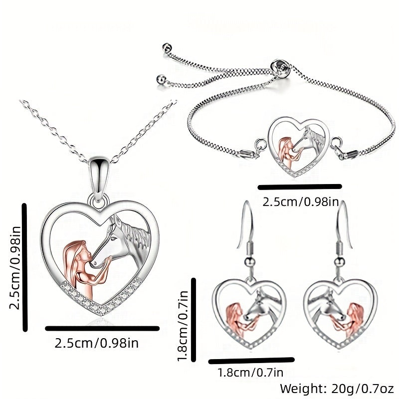 Girl & Horses Double Pendant Necklace Earrings Bracelet Set