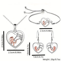 Girl & Horses Double Pendant Necklace Earrings Bracelet Set