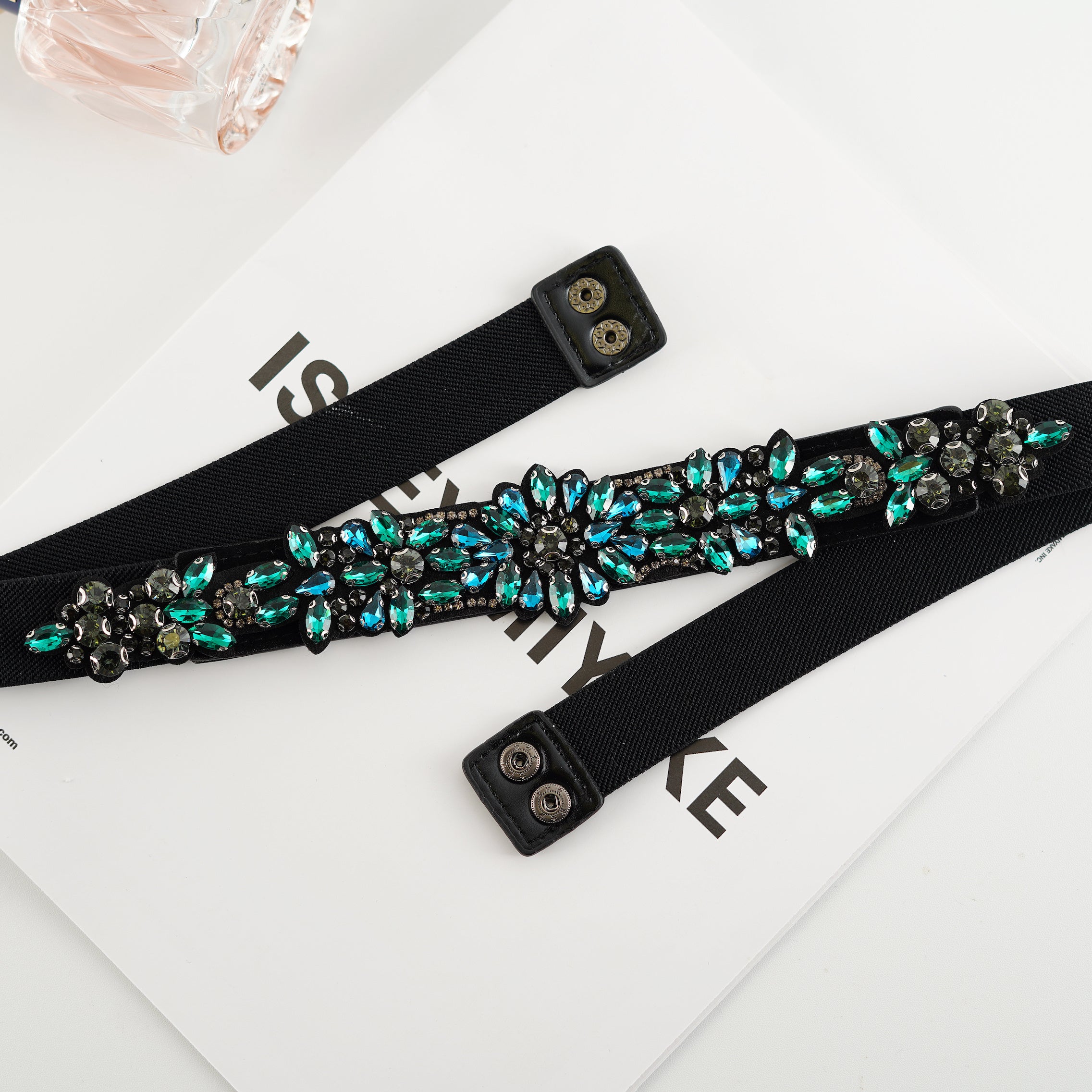 Green Rhinestone Elastic Waistband Vintage Belts Women's Dress Coat Girdle