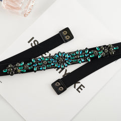 Green Rhinestone Elastic Waistband Vintage Belts Women's Dress Coat Girdle