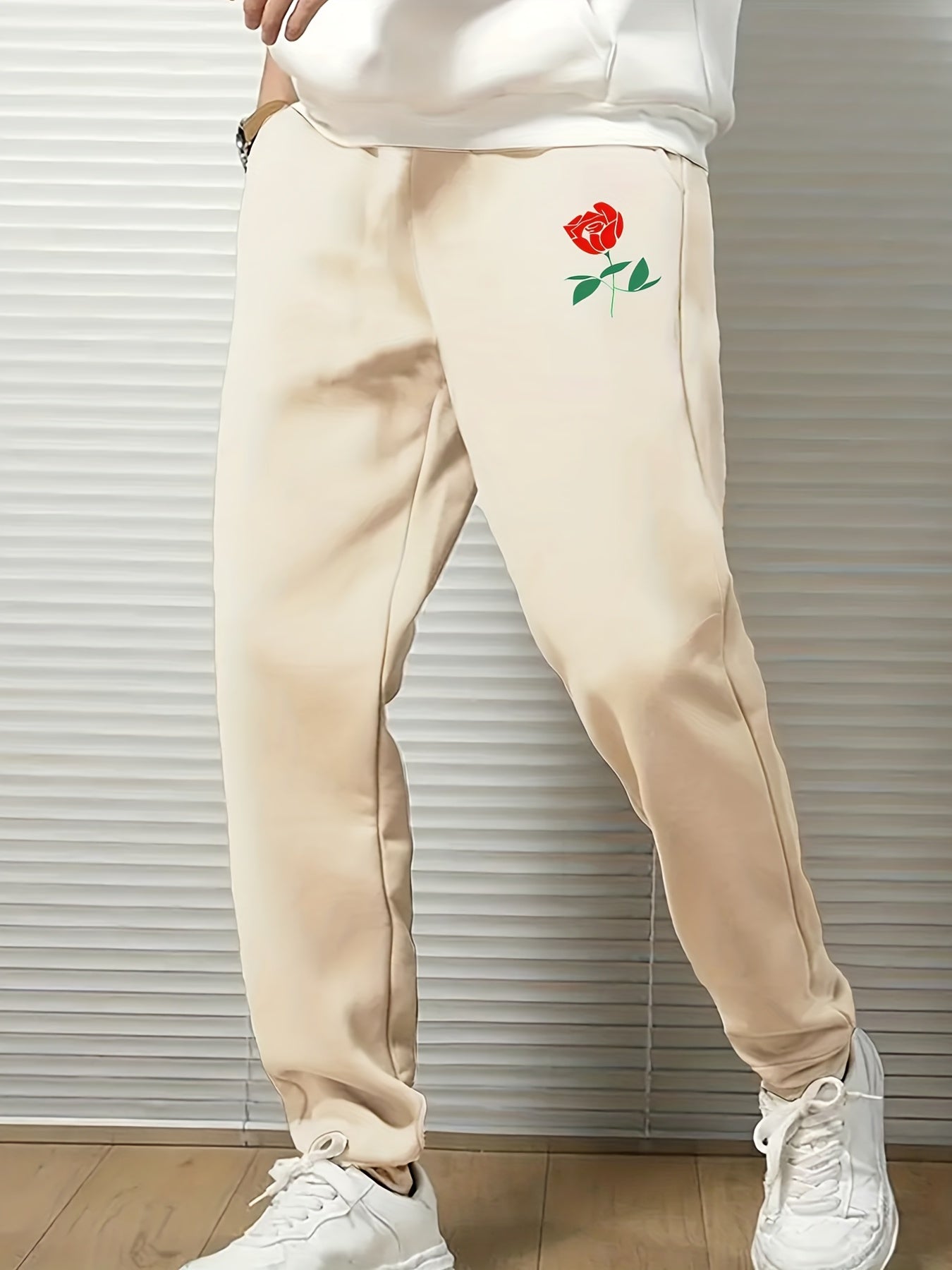 Red Rose Print Men s Drawstring Sweatpants Pocket Casual Comfy Jogger Pants
