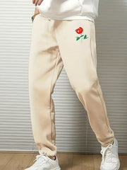 Red Rose Print Men s Drawstring Sweatpants Pocket Casual Comfy Jogger Pants