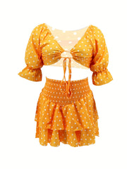 Polka Dot Ruffle Trim Crop Top & Shirred Waist Set