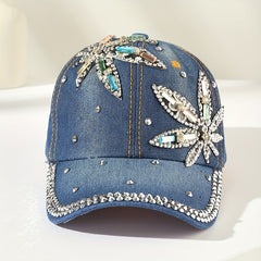Rhinestone Leaf Patch Baseball Cap Denim Distressed Dad Hat