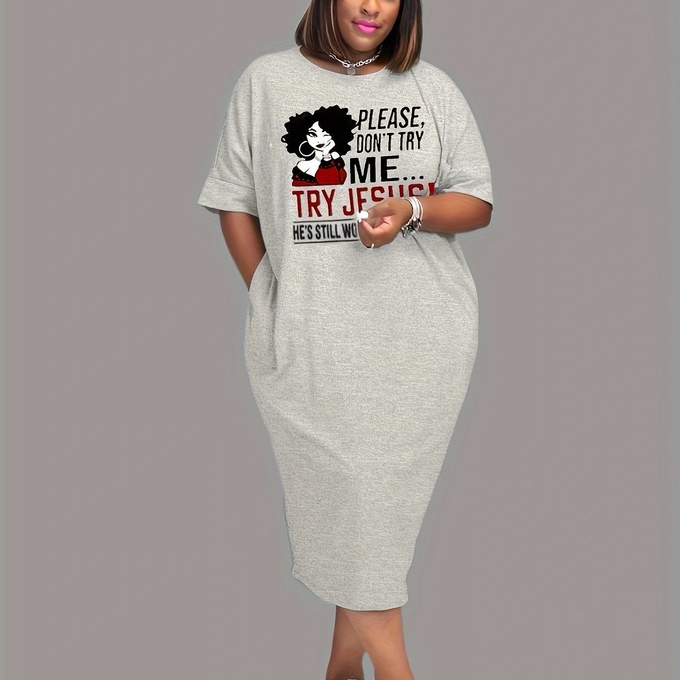 Figure & Letter Print Short Sleeve Tee Dress Women's Plus