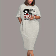 Figure & Letter Print Short Sleeve Tee Dress Women's Plus