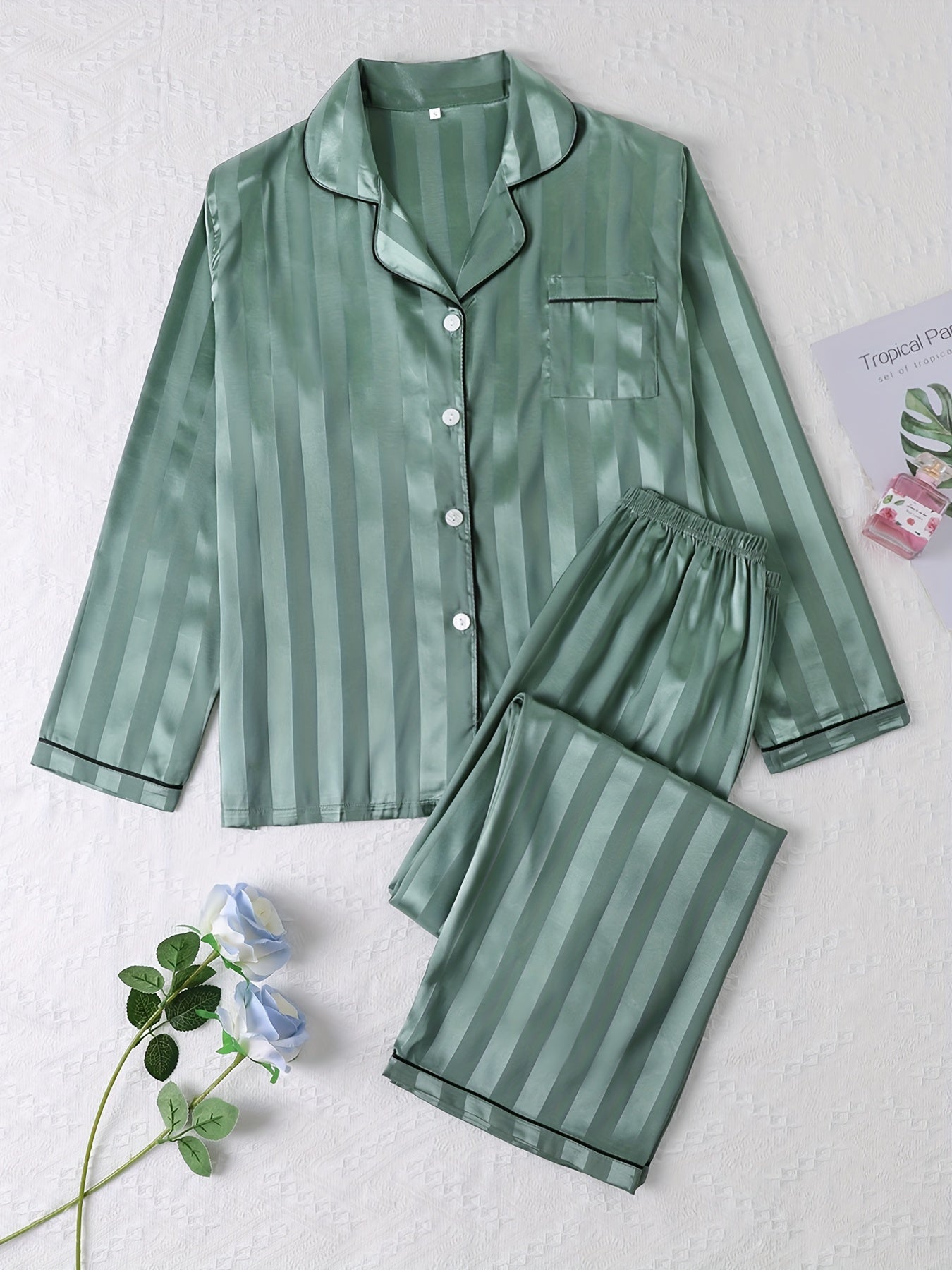 Striped Satin Pajama Set Long Sleeve Buttons Top & Elastic Waistband Pants